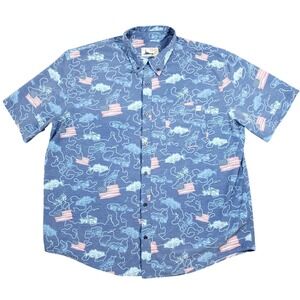 HUK Kona Button Up Shirt Mens 2XL Blue Fish and Flags USA Fishing Truck Tackle